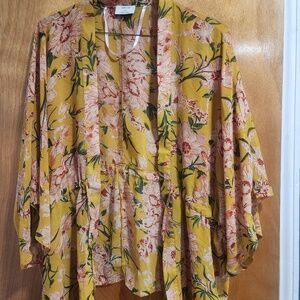 David and Young Cover Up Cardigan Kimono Open Yellow Floral
